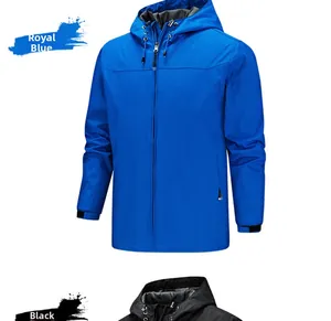 Detail view of the royal blue and black outdoor hooded windbreakers with velcro cuffs