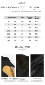 Detailed size chart for men's stand collar casual jacket with fabric and fit indices