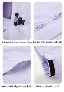 Detail view showing adjustable hood cord, windproof zipper and velcro elastic cuffs