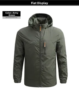 Close-up of army green outdoor jacket featuring mountain embroidery and hooded drawstring