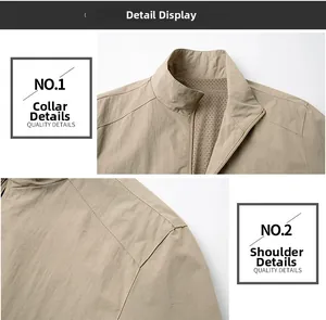 Detailed view of khaki outdoor jacket showing mesh lining collar and raglan sleeve seams