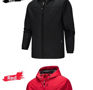 Detail view of lightweight hooded windbreakers in black and red with adjustable cuffs