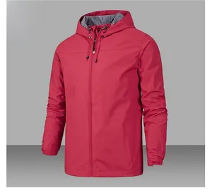 Detail view of red outdoor hooded jacket with full zipper and adjustable velcro cuffs
