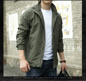 Detail of olive green outdoor jacket featuring stand collar and adjustable cuffs