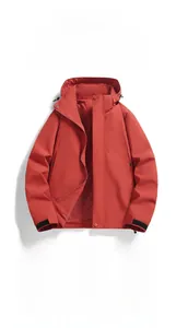 Detail showing red waterproof outdoor jacket fabric for hiking and mountain trekking