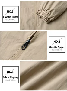 Detailed close-up of elastic cuffs, quality zipper, and windproof fabric of the khaki jacket