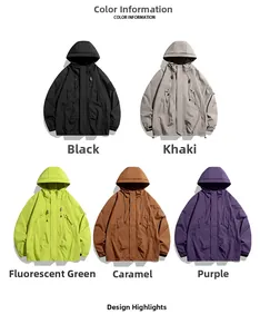Multi-color hooded techwear jackets in black, khaki, green, caramel and purple