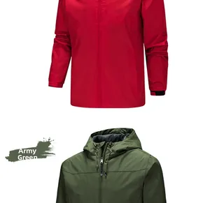 Close-up of windproof hooded jacket details with army green and red waterproof fabric