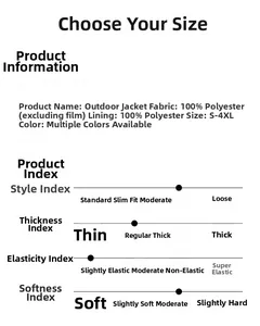 Detailed size chart and material specs for the outdoor windbreaker jacket from S to 4XL