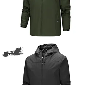Detail view of windproof dark grey outdoor jacket featuring hooded design and zip pockets