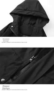 Detail view of the black jacket featuring a functional hood and durable metal zipper