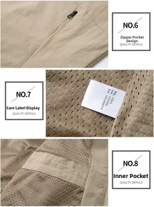 Detail of men's khaki jacket featuring hidden zipper pocket and breathable mesh lining