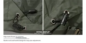 Detail view of adjustable elastic drawstring and spring buckle on waterproof outdoor jacket