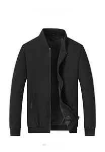 Detailed view of a black men's stand collar jacket featuring ribbed cuffs and a central zipper