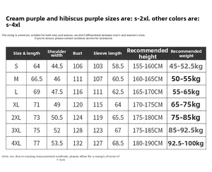 Detailed unisex size chart for outdoor windbreaker showing measurements from S to 4XL