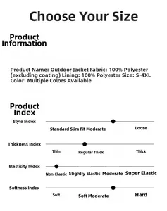 Detailed size guide and material specs for the waterproof outdoor jacket in 100% polyester