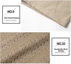 Detail of khaki jacket showing smooth hem stitching and breathable mesh inner lining