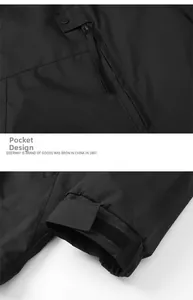 Detail of waterproof jacket featuring zipper pockets and adjustable velcro cuffs for outdoors