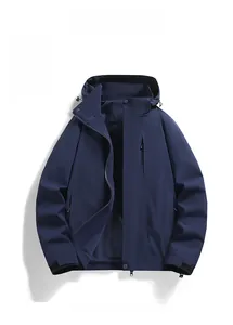 Flat lay of dark blue windbreaker featuring breathable mesh lining and zipper pockets