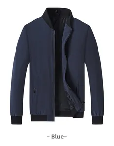 Detail of navy blue bomber jacket showing ribbed stand collar and zipper texture