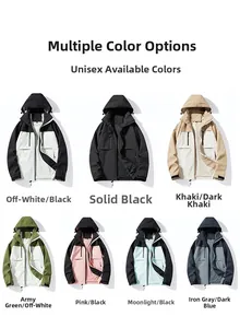 Detailed grid of hooded windproof jackets in various colorways with utility pockets