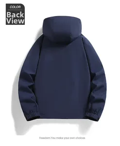Back view of a lightweight navy blue hooded windbreaker jacket with elastic cuffs