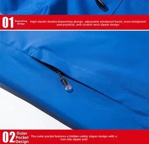 Detail of outdoor jacket showing adjustable drawstring hood and hidden zipper pocket