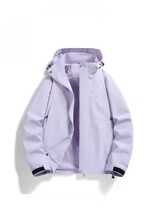 Detail view of light purple functional jacket with mesh lining and adjustable drawstring hood