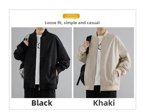 Close-up of baseball collar bomber jackets in black and khaki with ribbed knit trim details