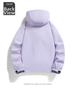 Back view of light purple waterproof outdoor jacket with adjustable velcro cuffs