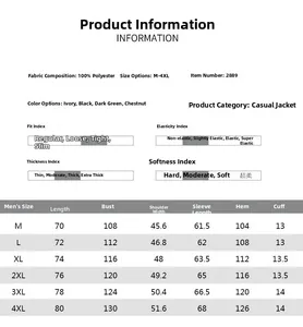 Size chart for men outdoor winter parka jacket showing measurements from M to 4XL