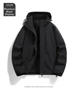 Detailed view of phantom black outdoor jacket with hood and functional zip pockets