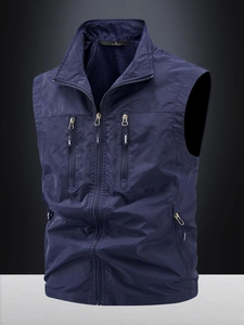 Gilet Cargo Léger en Plein Air pour Hommes Multi-Poches Séchage Rapide Respirant Col Montant Pêche Photographie