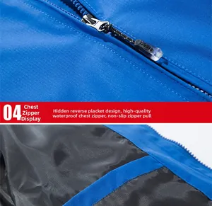 Detail of waterproof blue outdoor jacket showing sports zipper and mesh lining fabric
