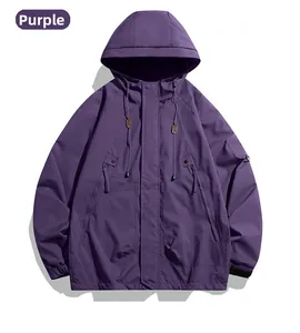 Detail view of purple hooded outdoor jacket with windproof zipper and adjustable drawstrings