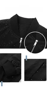 Detail view of ribbed baseball collar and high-quality metal zipper on black jacket