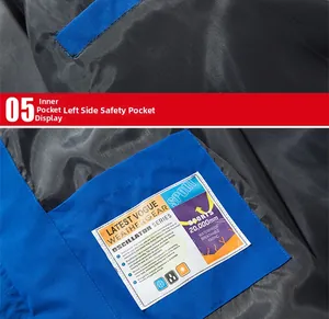 Detail of blue inner pocket with 20,000mm waterproof technical label on outdoor jacket