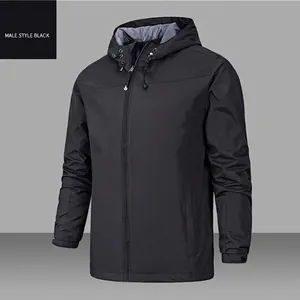 Men's black casual hooded outdoor jacket with windproof fabric and full zip closure
