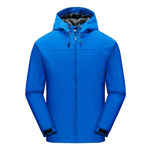 Men's bright blue waterproof hooded outdoor windbreaker jacket with adjustable cuffs