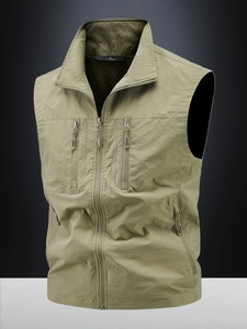 Gilet de pêche extérieur vert kaki avec plusieurs poches zippées et doublure en maille