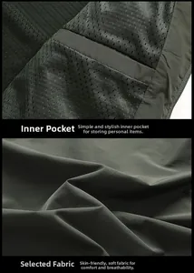 Detail of olive green jacket featuring breathable mesh lining and secure inner pocket