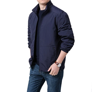 Men's navy blue windproof stand collar jacket with full zipper and side pockets