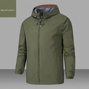 Men's outdoor army green hooded jacket with adjustable drawstrings and velcro cuffs