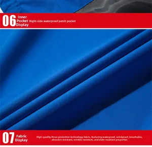 Detail of waterproof breathable fabric with a side zipper pocket on a blue outdoor jacket