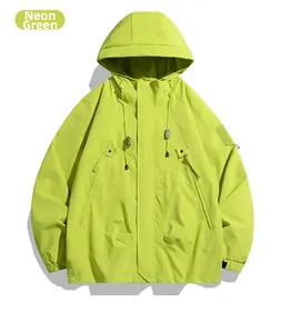 Detail view of fluorescent green hooded windbreaker with zip closure and adjustable drawstrings