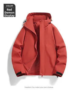 Detail of vermilion red jacket showing breathable mesh lining and adjustable hood toggle