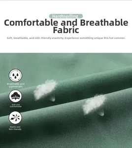 Detail showing breathable, lightweight, and soft stretch fabric of green running shorts