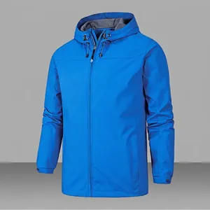 Men's royal blue hooded outdoor windbreaker jacket with full zip and mesh lining