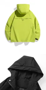 Detail view of the back and hood features of a waterproof windbreaker jacket with zippers