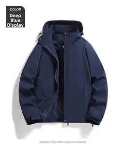 Detail of dark blue windbreaker featuring adjustable hood and breathable mesh lining